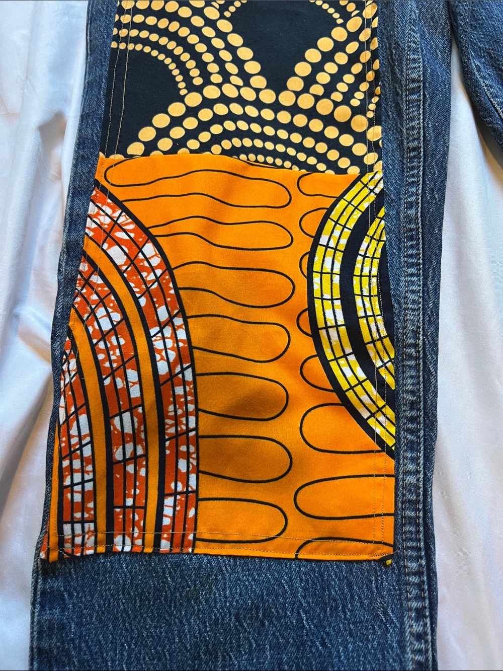 Upcycled BohoEmbroidered Sun & Patchwork Dark Blue Denim Jeans - Picture 5 of 12